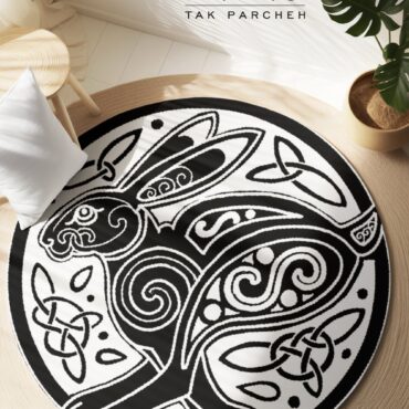 Blacklight Round Rug tarh Mandala Rabbit