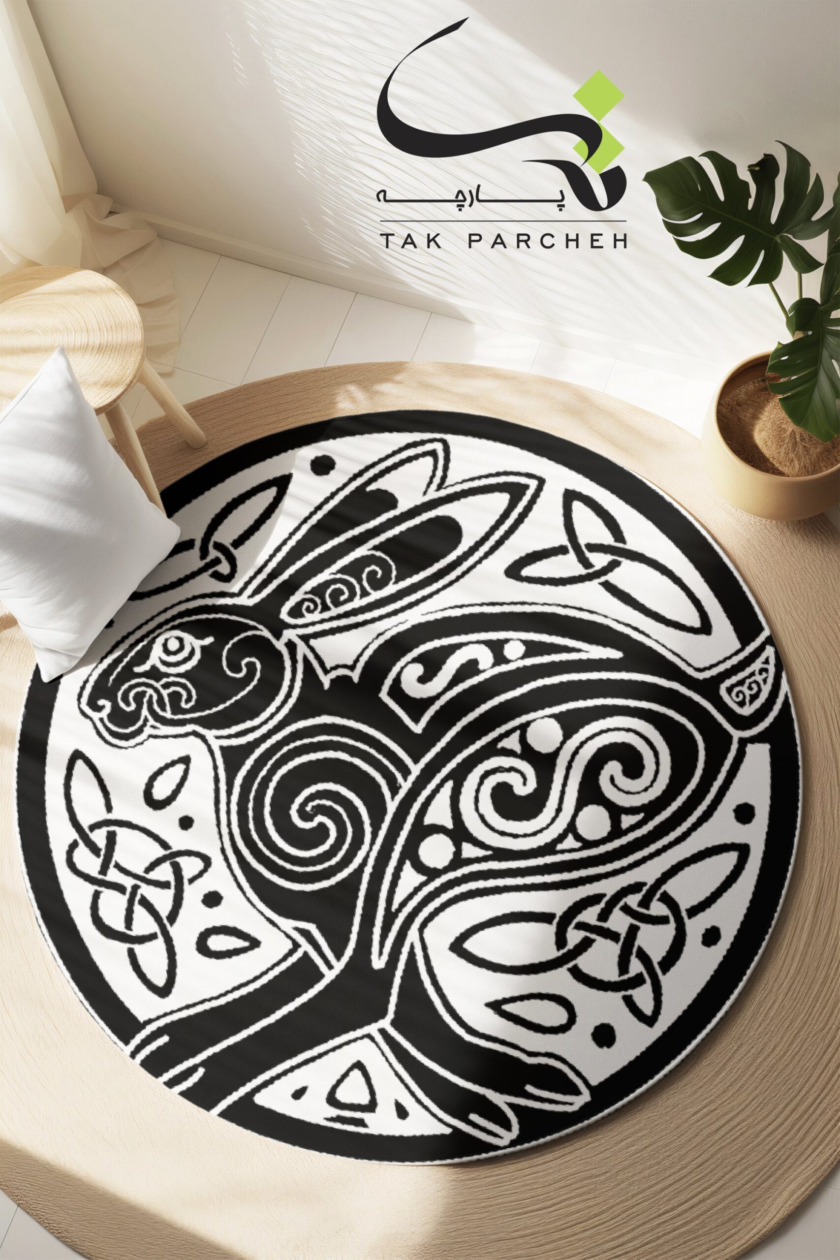 Blacklight Round Rug tarh Mandala Rabbit