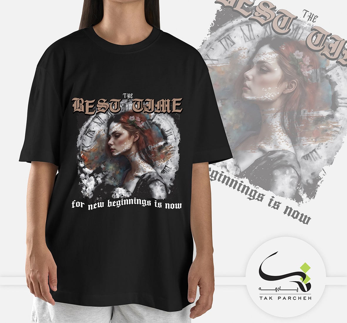 تیشرت زنانه طرح دختر ساعت ساز